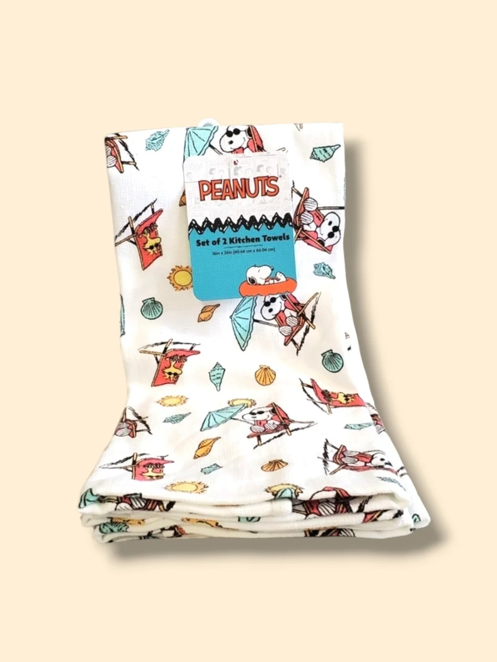 Peanuts Kitchen Towel Set with Beach Snoopy Print in White, Teal, Red, Yellow